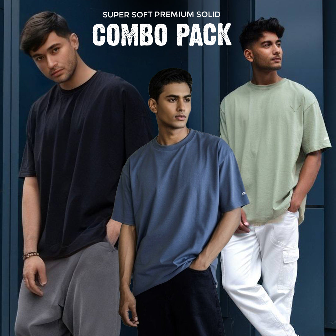 Super Soft Solid Combo Drop Shoulder T-Shirt | Unisex | Black, Slate Gary , Sea Green Color|