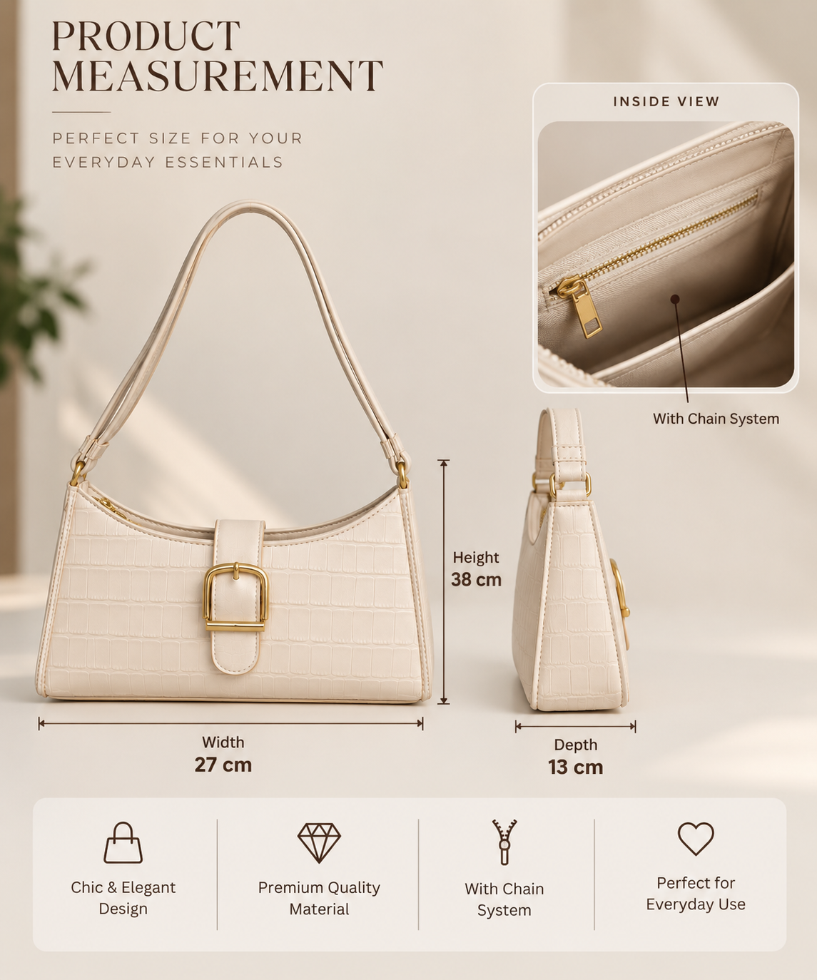 Ivory Croc-Embossed Signature Shoulder Bag