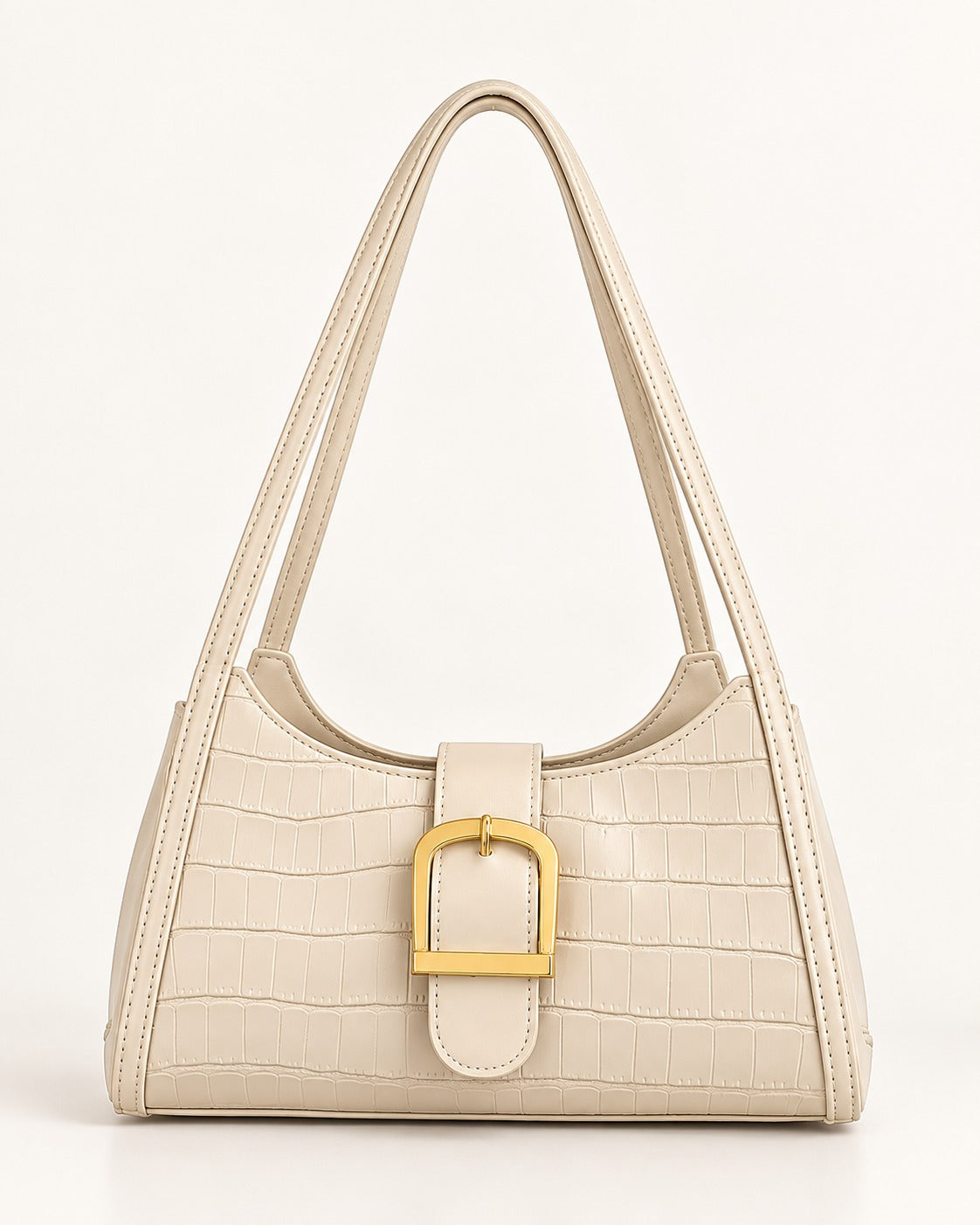 Croc-Embossed Buckle Shoulder Bag – (Off White) Elegant Everyday Bag