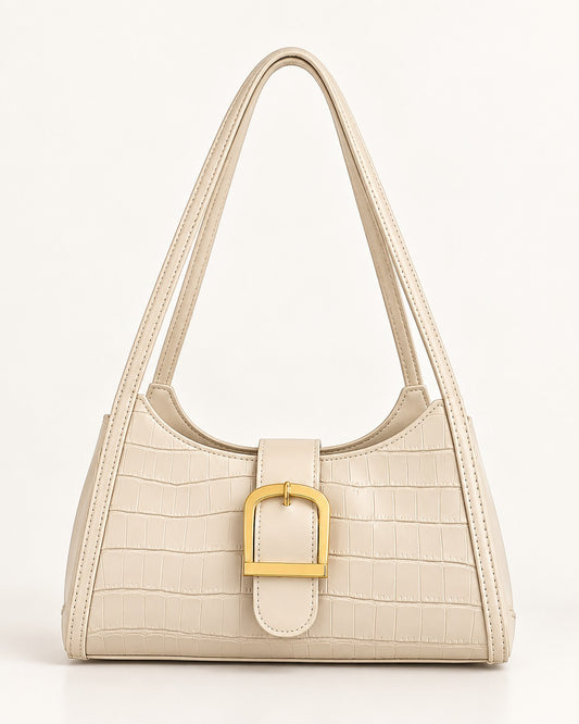 Croc-Embossed Buckle Shoulder Bag – (Off White) Elegant Everyday Bag