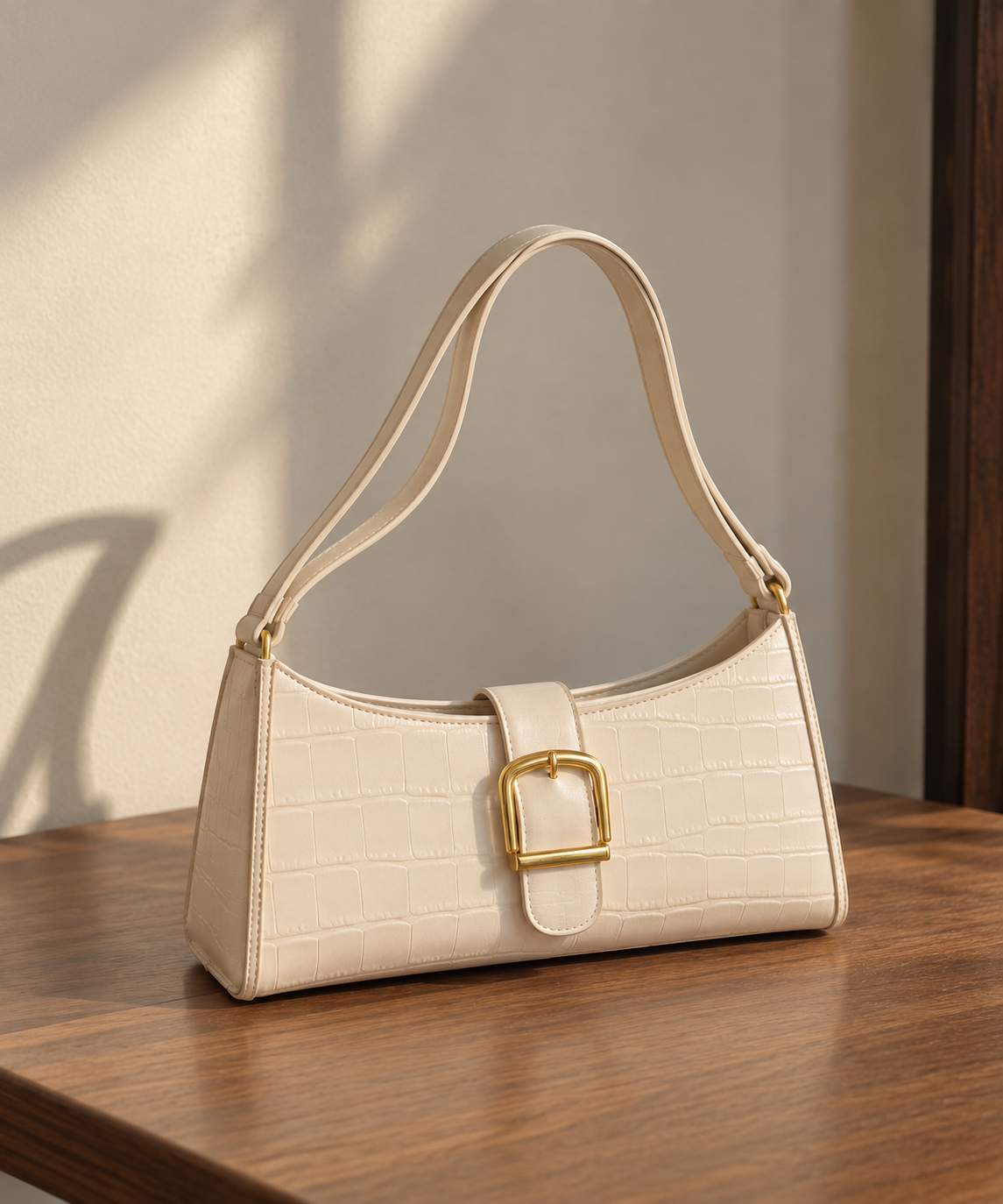 Ivory Croc-Embossed Signature Shoulder Bag