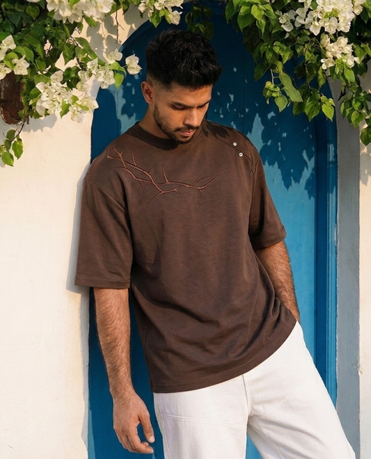 Mocha Branch - Embroidered Drop Shoulder Tee