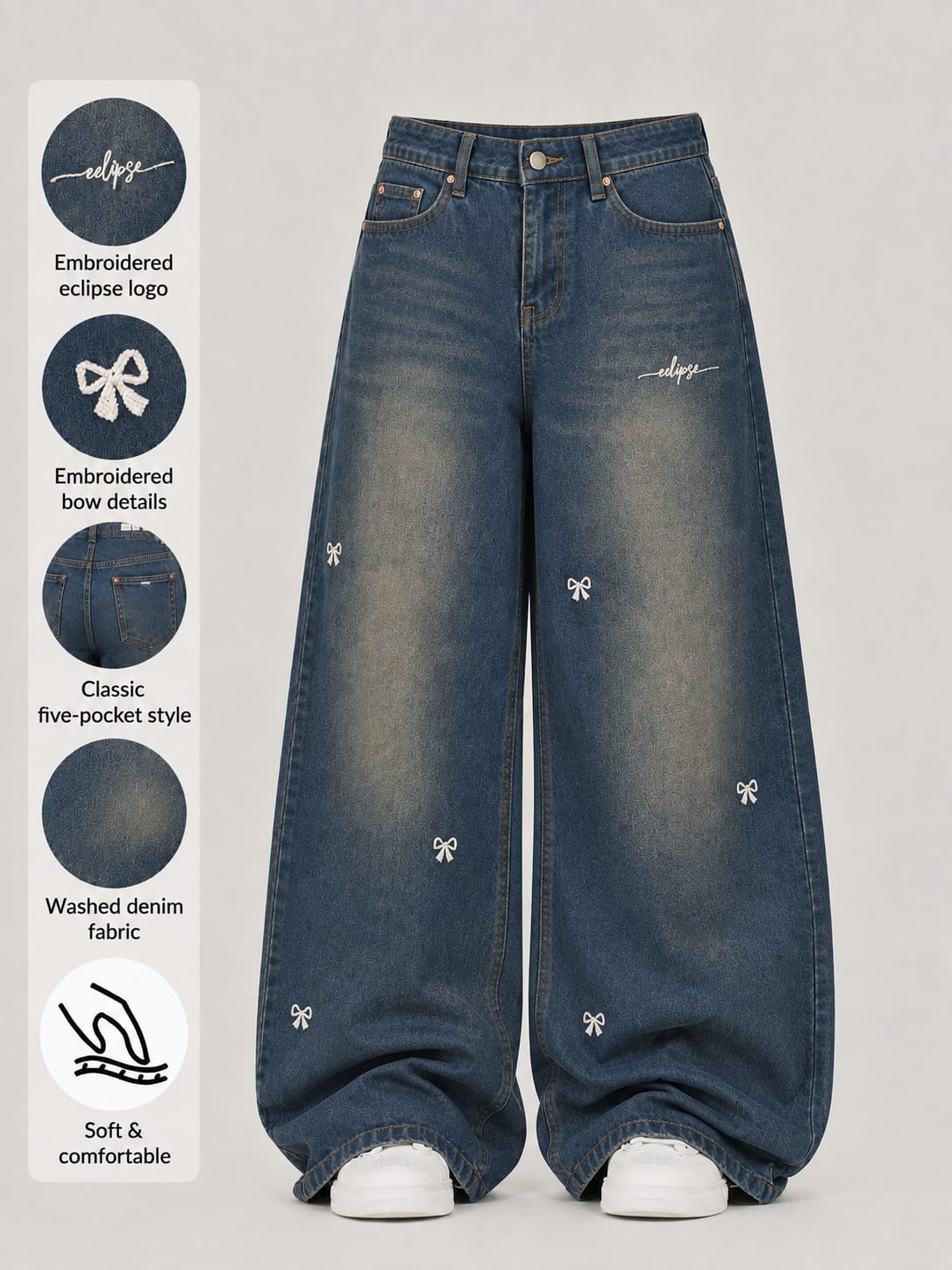 Bow Detail High-Waist Wide-Leg Denim