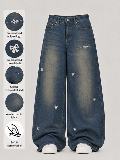 Bow Detail High-Waist Wide-Leg Denim