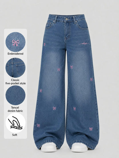 Bow Detail High-Waist Wide-Leg Denim