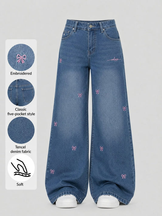 Bow Detail High-Waist Wide-Leg Denim
