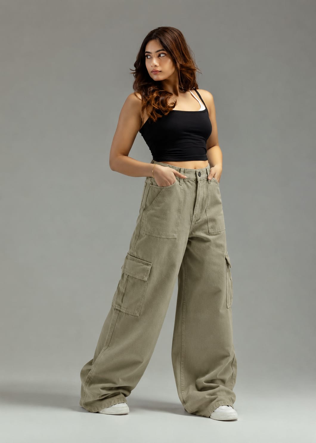 Urban Utility Wide-Leg Cargo Jeans | olive colour |