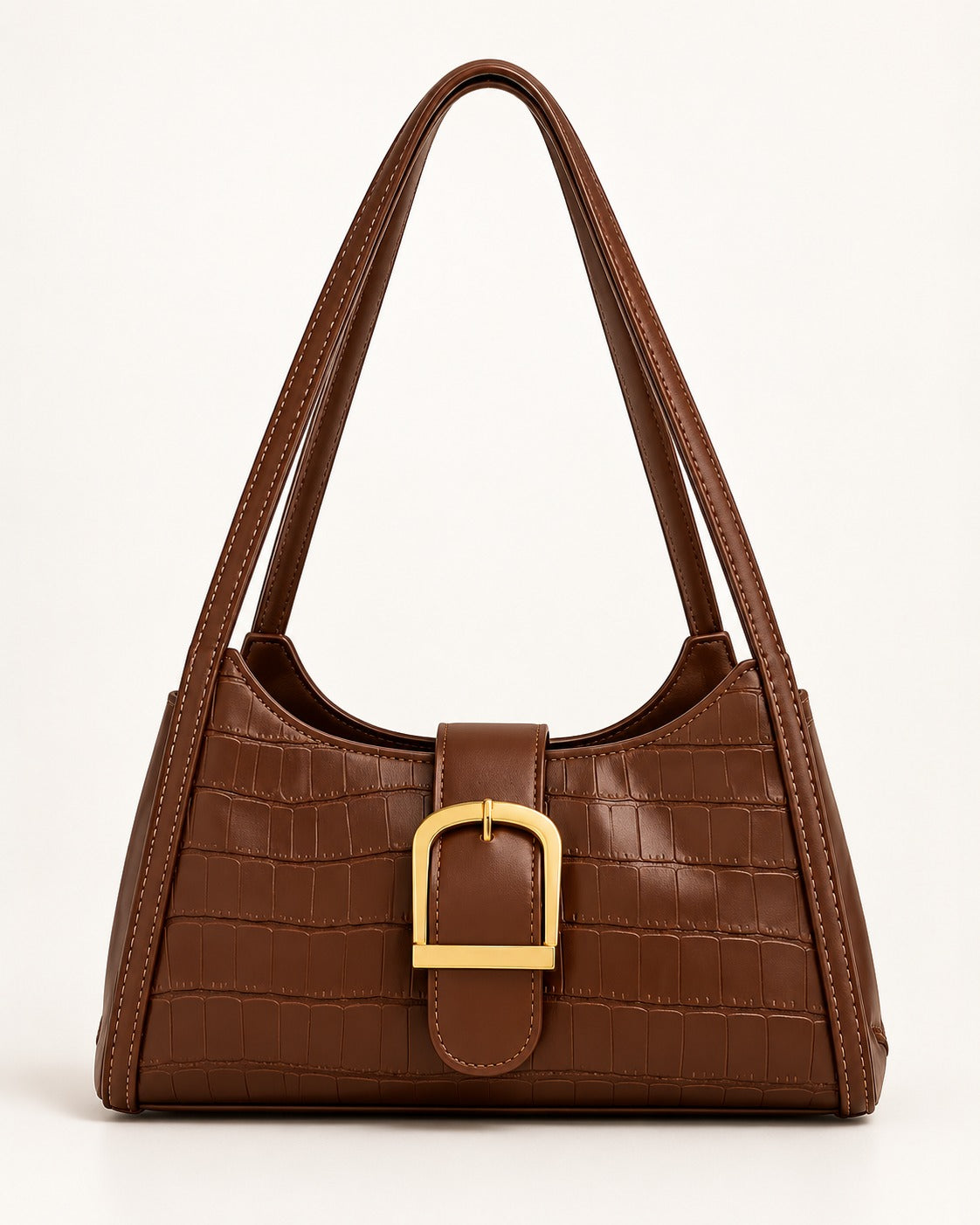 Croc-Embossed Buckle Shoulder Bag (Brown) – Elegant Everyday Bag