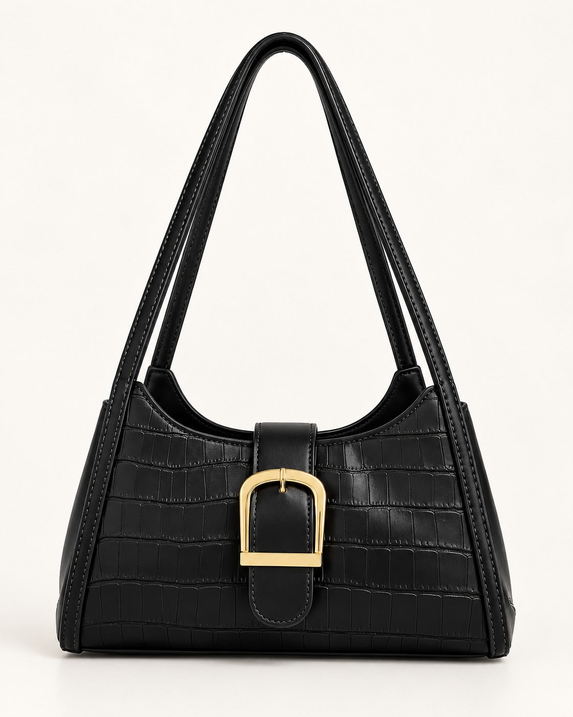 Croc-Embossed Buckle Shoulder Bag – (Black) Elegant Everyday Bag