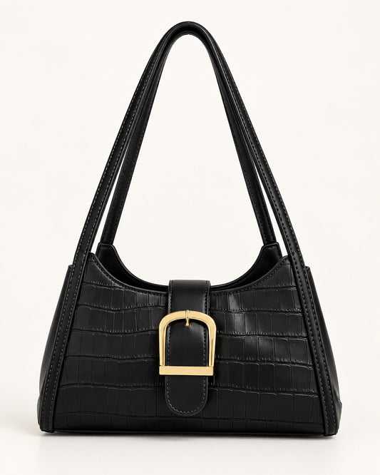 Croc-Embossed Buckle Shoulder Bag – (Black) Elegant Everyday Bag