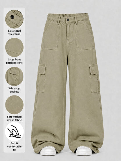 Urban Utility Wide-Leg Cargo Jeans | olive colour |