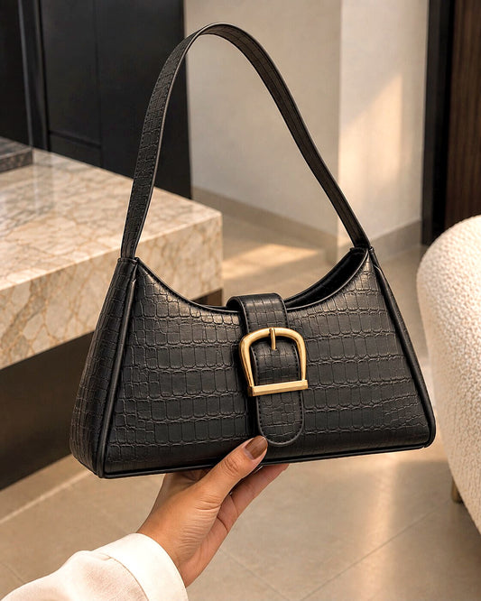 Croc-Embossed Buckle Shoulder Bag – (Black) Elegant Everyday Bag