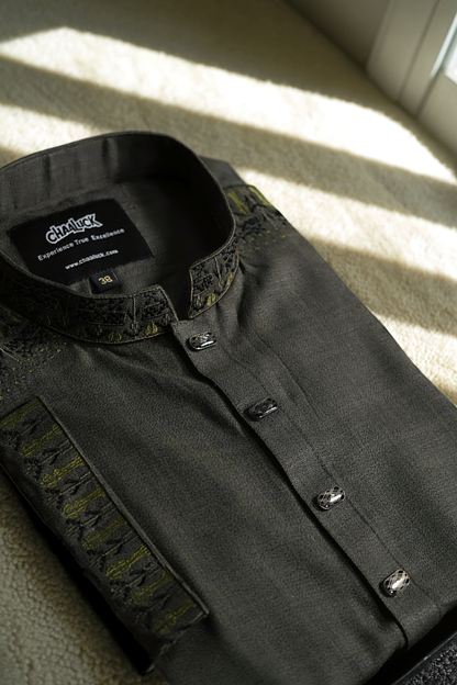 Slim Fit Embroidered Semi-Olive Color - Eid Collection - Premium Embroidered Panjabi
