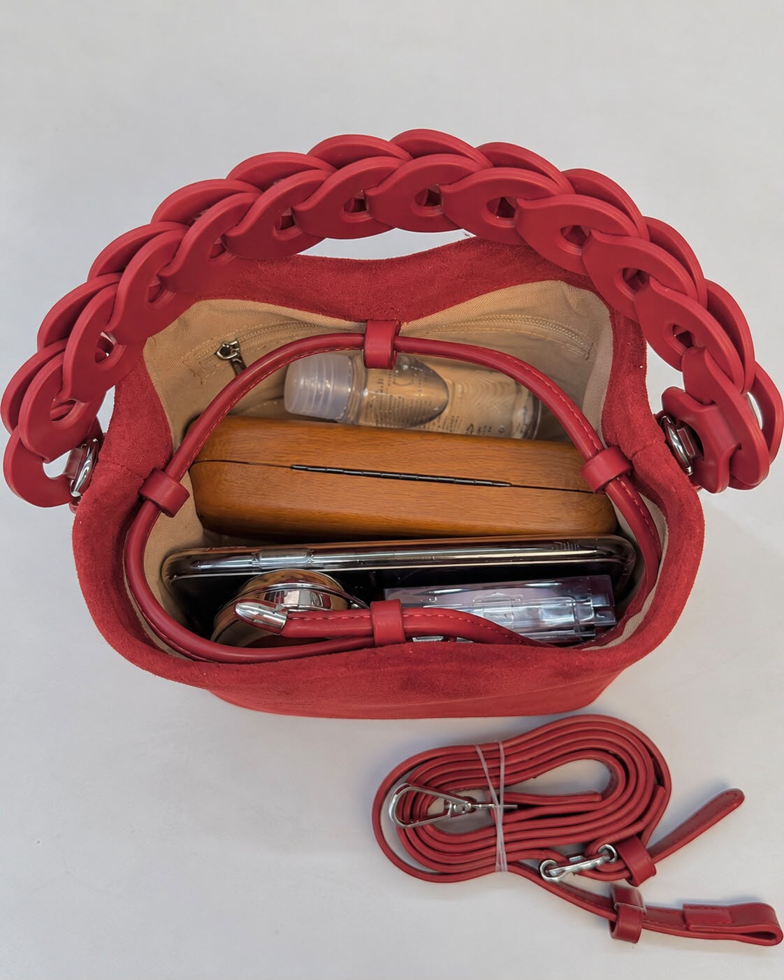 Ruby Red Suede Bucket Bag with Chain Handle