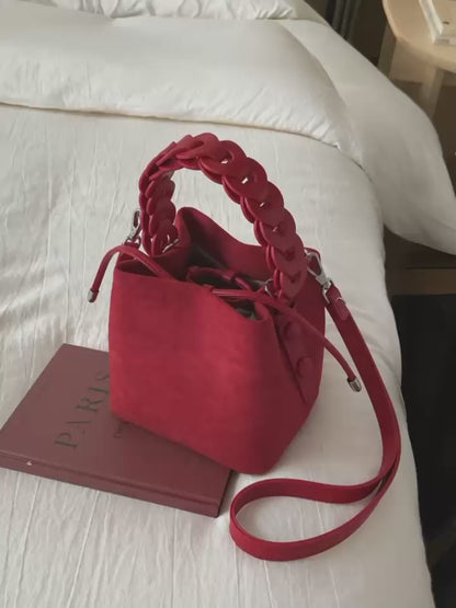 Ruby Red Suede Bucket Bag with Chain Handle
