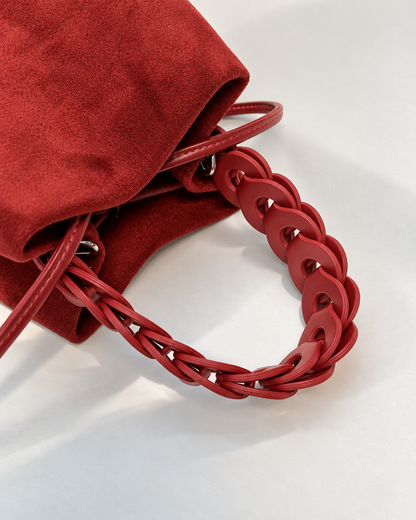 Ruby Red Suede Bucket Bag with Chain Handle