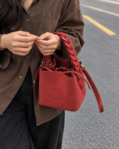 Ruby Red Suede Bucket Bag with Chain Handle