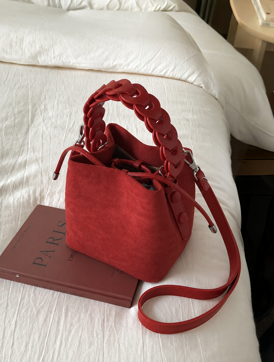 Ruby Red Suede Bucket Bag with Chain Handle