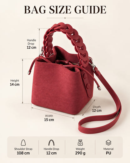 Ruby Red Suede Bucket Bag with Chain Handle