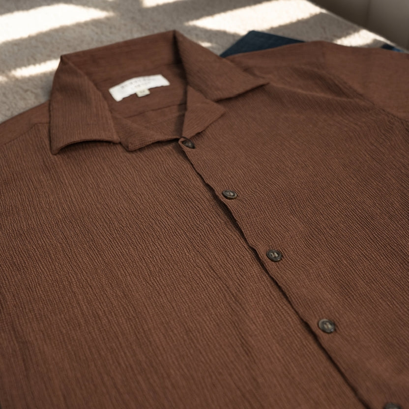 Premium Men's Cuban Collar Shirt – Solid Brown |Summer Friendly