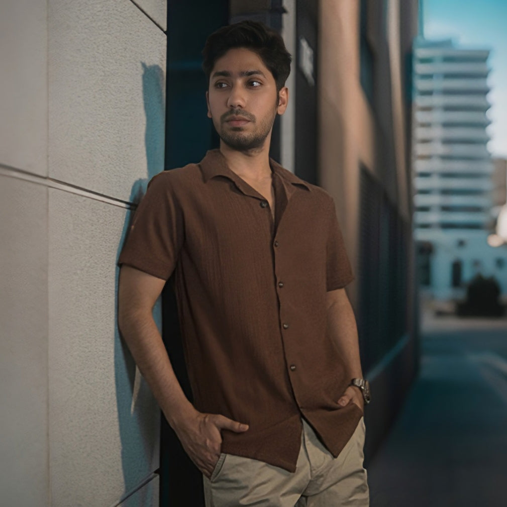 Premium Men's Cuban Collar Shirt – Solid Brown |Summer Friendly