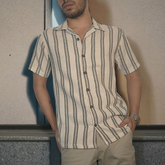 Men's Cuban Collar Shirt –  Cream Color Stripe