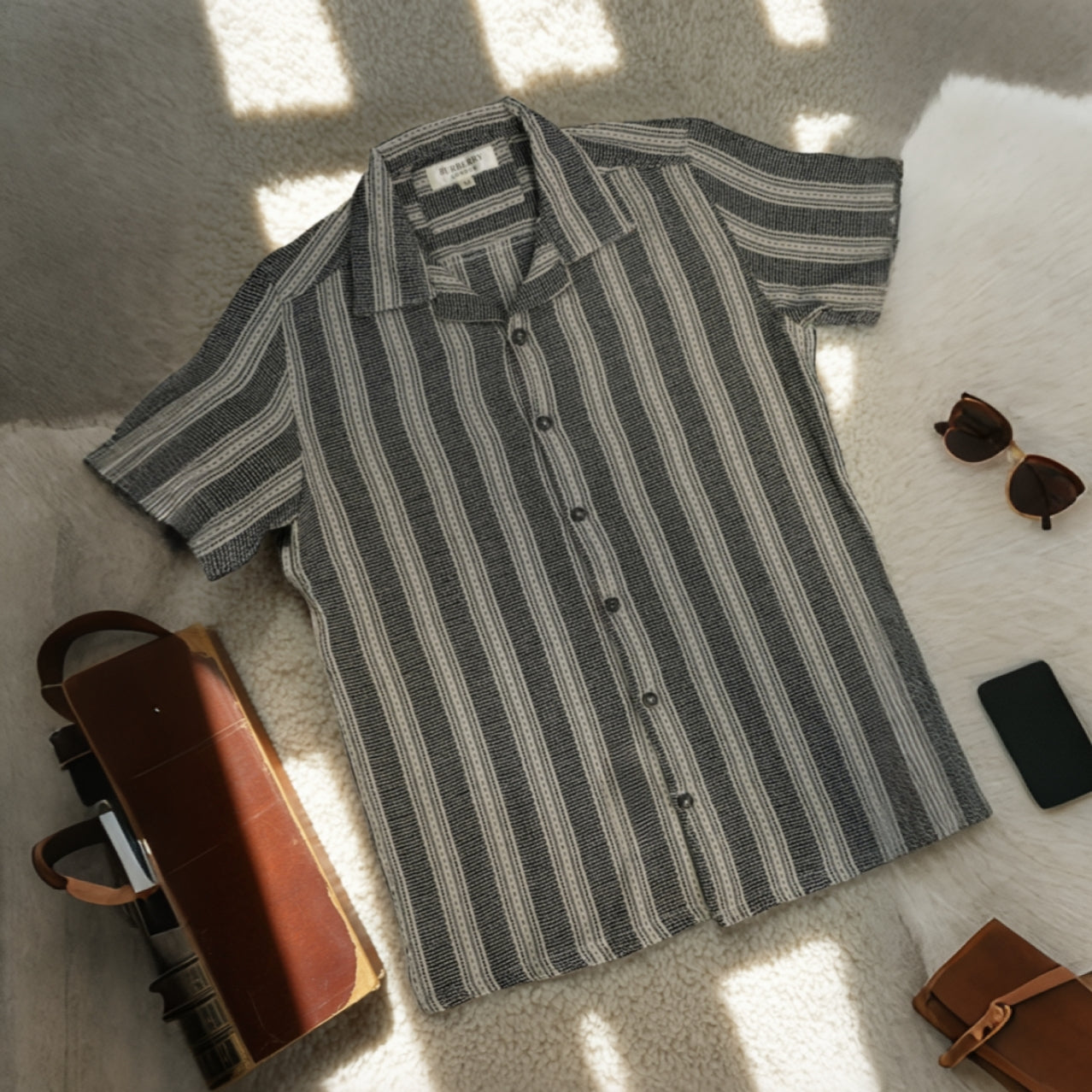 Men's Cuban Collar Shirt – Premium | Off White & Black Strips| Summer Friendly Shirt