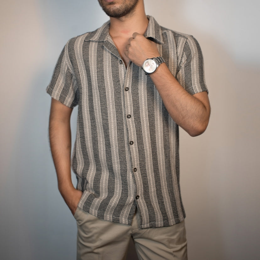 Men's Cuban Collar Shirt – Premium | Off White & Black Strips| Summer Friendly Shirt