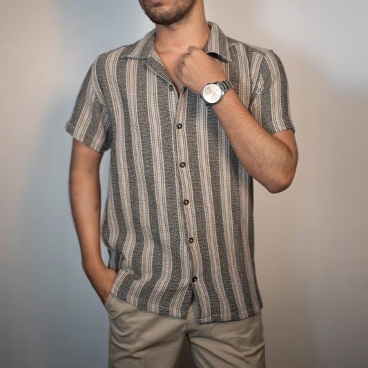 Men's Cuban Collar Shirt – Premium | Off White & Black Strips| Summer Friendly Shirt