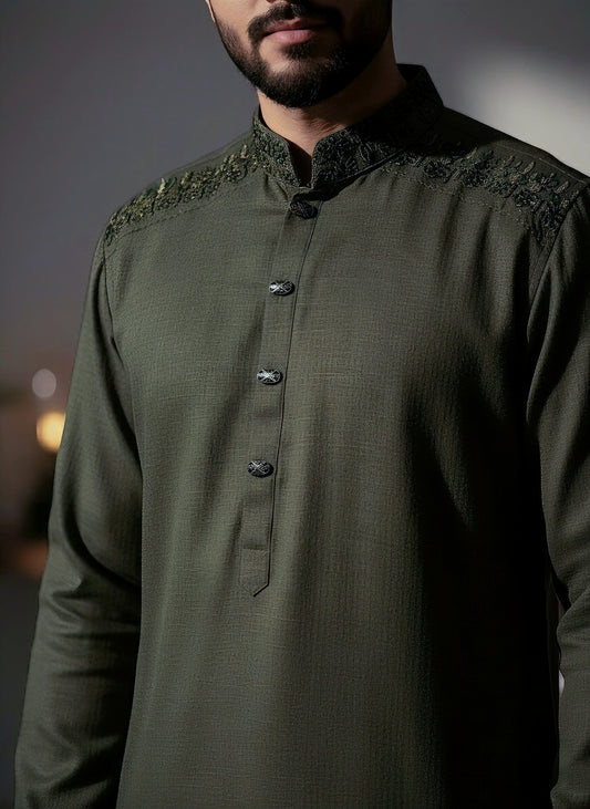 Slim Fit Embroidered Semi-Olive Color - Eid Collection - Premium Embroidered Panjabi