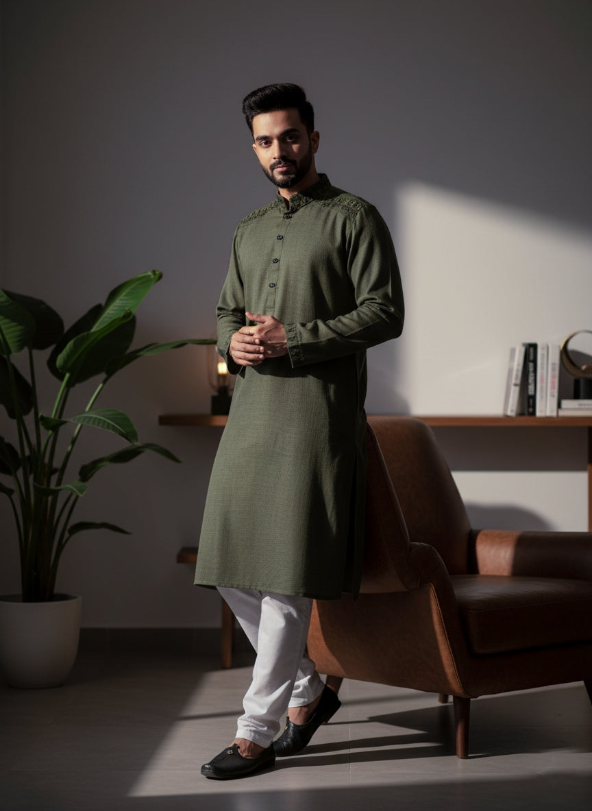 Slim Fit Embroidered Semi-Olive Color - Eid Collection - Premium Embroidered Panjabi