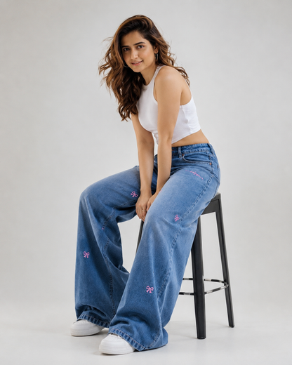 Bow Detail High-Waist Wide-Leg Denim