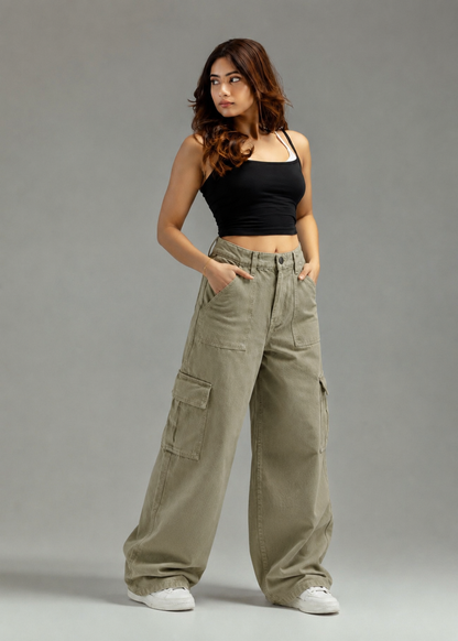 Urban Utility Wide-Leg Cargo Jeans | Olive colour |
