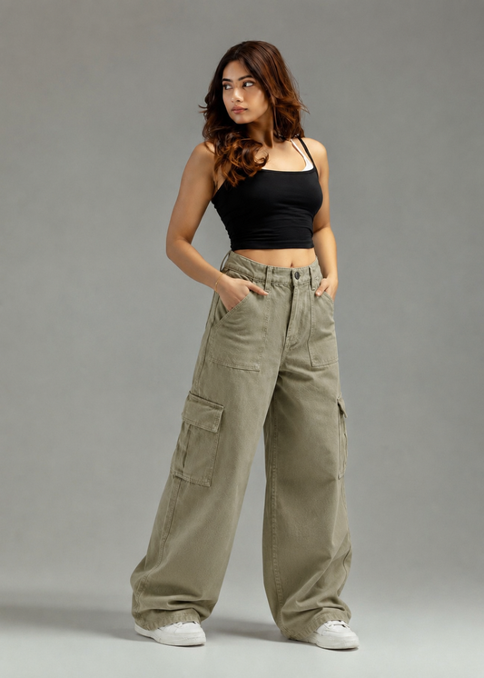 Urban Utility Wide-Leg Cargo Jeans | olive colour |