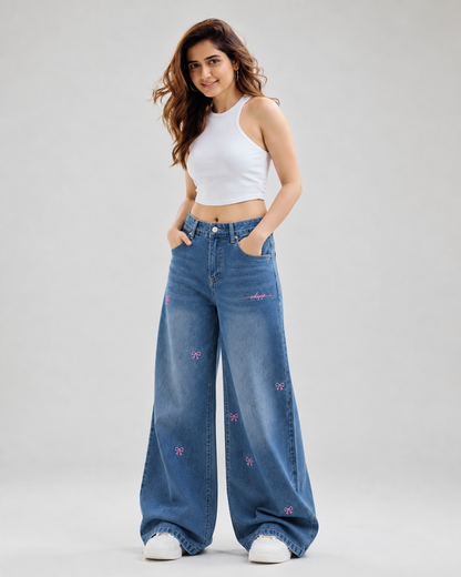 Bow Detail High-Waist Wide-Leg Denim