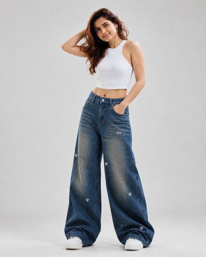Bow Embroidered High-Waist Wide-Leg Denim