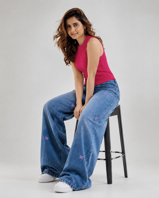 Bow Detail High-Waist Wide-Leg Denim