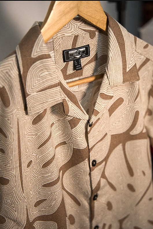 Premium Men's Cuban Collar Shirt|Light Brown & Cream Strip  |Summer Friendly