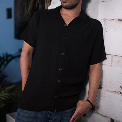 Premium Men's Cuban Collar Shirt – Black |Summer Friendly