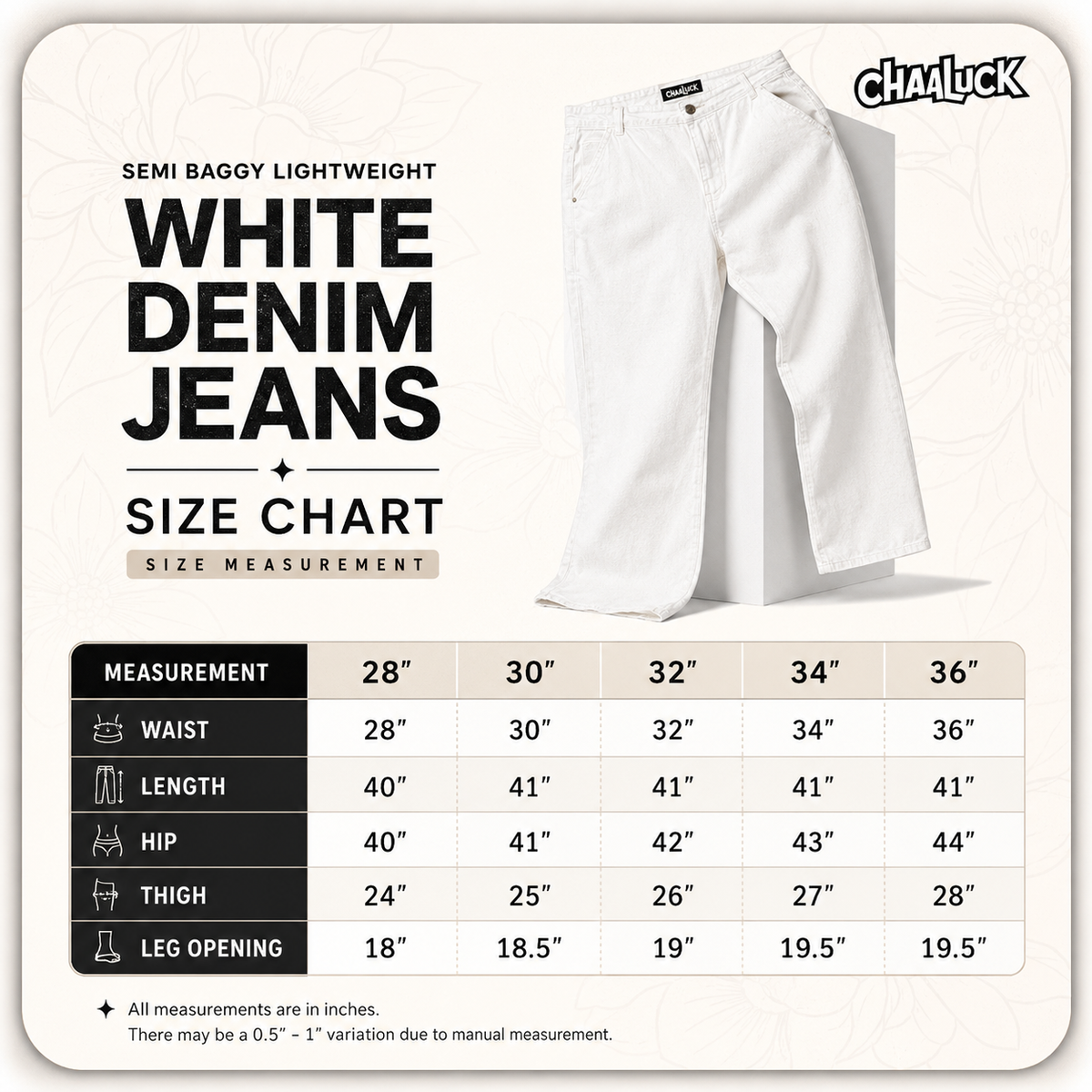Premium Unisex Baggy Denim Jeans | Lightweight | White