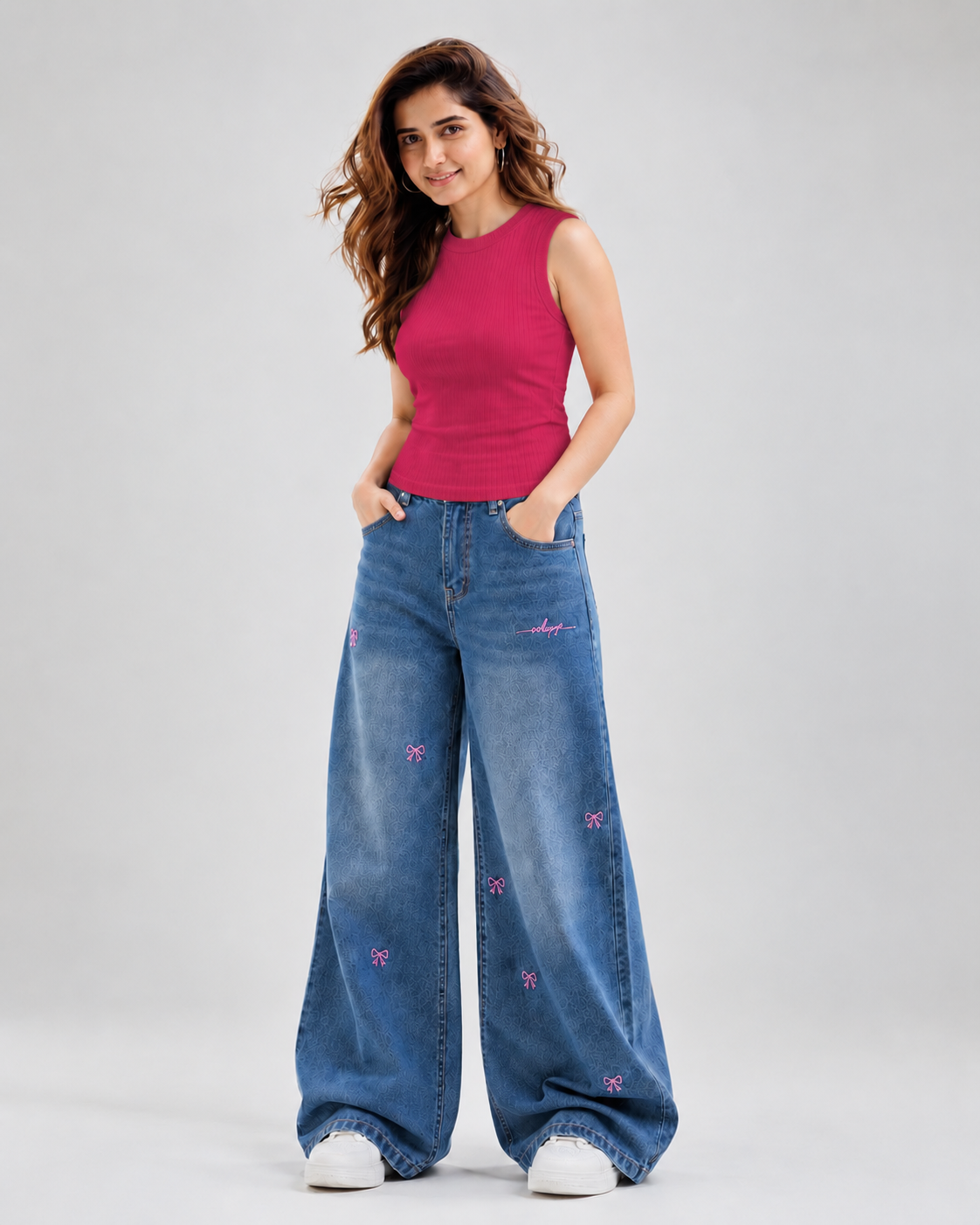 Bow Embroidered High-Waist Wide-Leg Denim