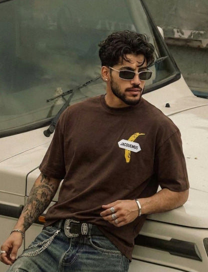 Banana Embroidered Tee | Super Soft Premium Unisex Drop Shoulder |Color Brown|